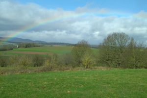 Regenbogen über grüner Wiese und blauem Himmel