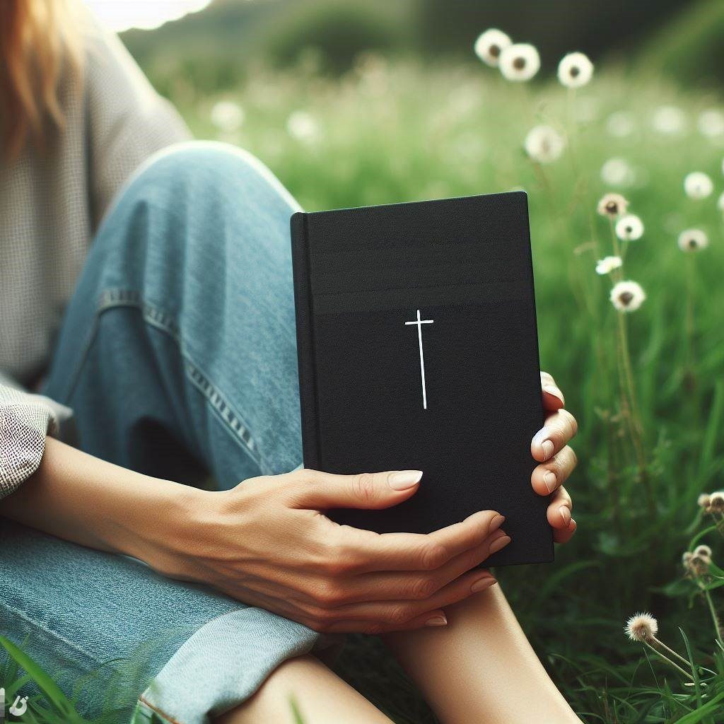 Bild einer Bibel die von einer Frau gehalten wird, die auf einer Wiese sitzt.